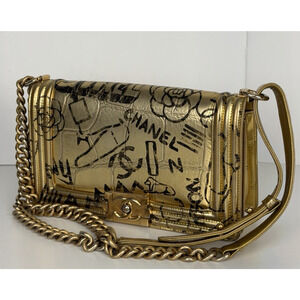 Chanel Metallic Gold Graffiti Crocodile-Embossed Medium Boy Bag E-3